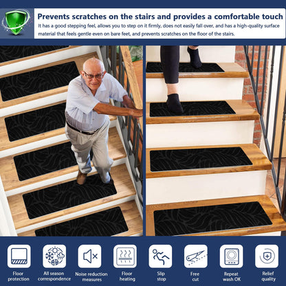 JAYFAN Non-Slip Stair Treads Mat Carpet for Wooden Steps(7/15 Pack), 21.6 x 7.4IN Self-Adhesive, Safety Indoor Stair Runner Mats, Anti Slip Stair Treads for Kids Elders and Dogs Pets