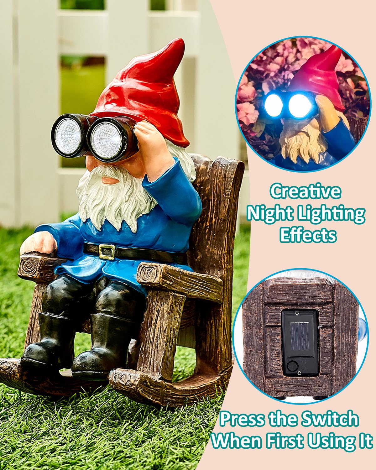 GaloTrek Solar Garden Gnome Statues Resin Gnome Figurines Sitting on Rocking Chair Outdoor Telescope Gnome Gifts for Yard, Patio Decor Gift