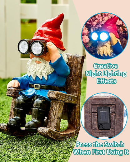 GaloTrek Solar Garden Gnome Statues Resin Gnome Figurines Sitting on Rocking Chair Outdoor Telescope Gnome Gifts for Yard, Patio Decor Gift