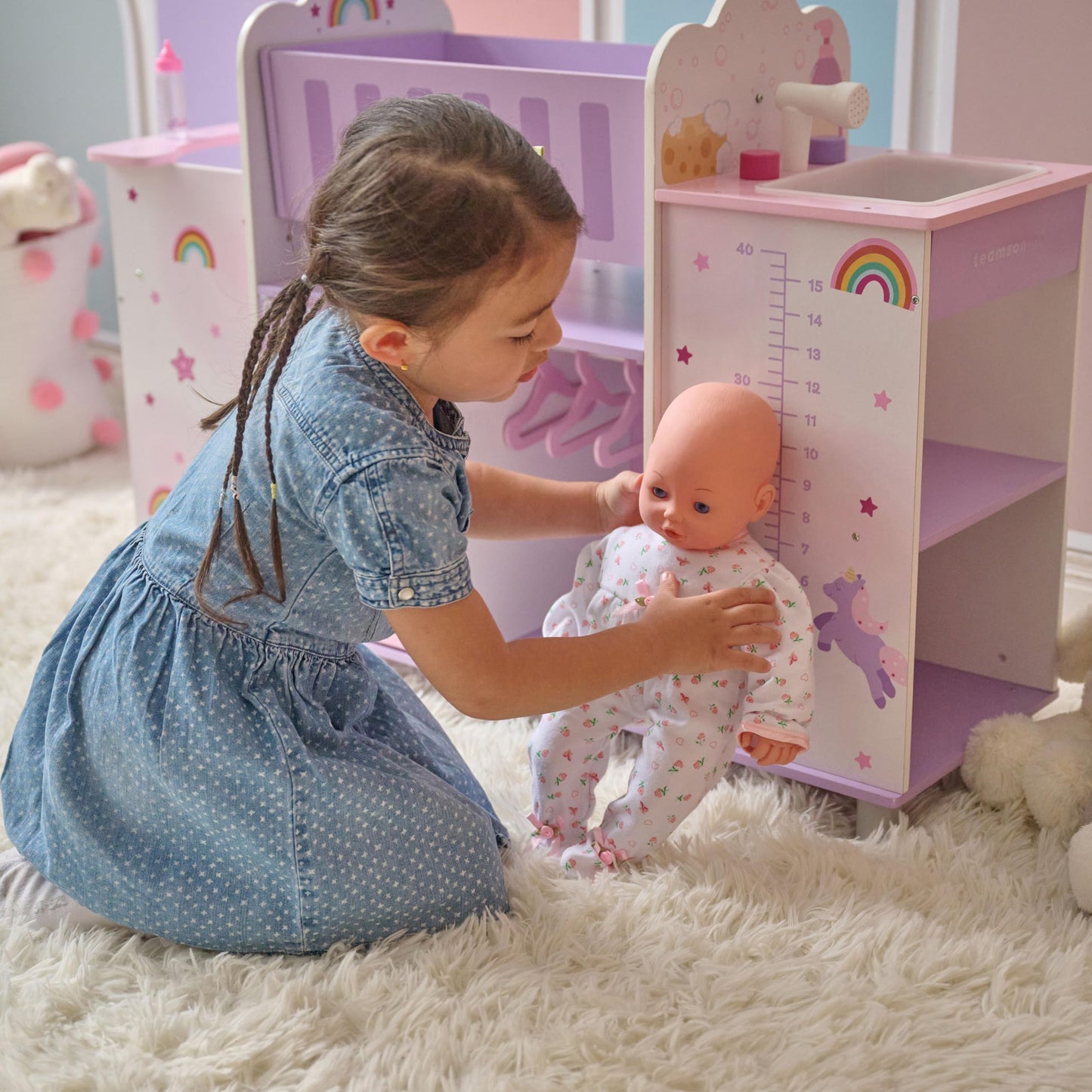 Olivia’s Little World Fantasy Care Doll Nursery 6-in-1 Unicorn Themed Baby Station with Cradle, Washer, High Chair, Sink & Closet with 3 Wooden Hangers for Pretend Play, for Girls Ages 3 and Up