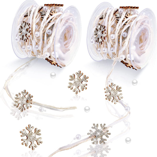 Taiyin 2 Rolls Snowflake Christmas Beads Ribbon 5.5 Yards Christmas Tree Trim Rope White Bead Pearl Ribbon Xmas Decoration for Gift Wrapping, Wreath, Garland, DIY Crafts Ornaments, Wedding Party Decor