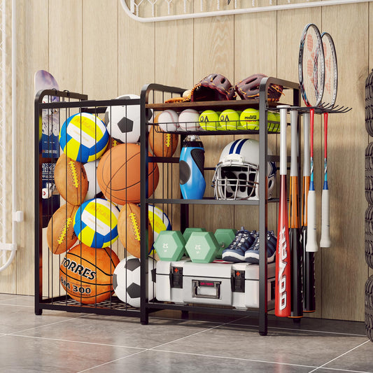 Homsorout Garage Sports Equipment Organizer, Ball Storage for Gear and Toys, Large Capacity, Sports Organizer for Garage with Hooks and Baskets, for golf, Football, Soccer Ball, Bat