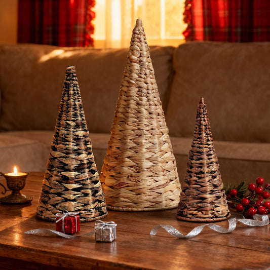 3pcs Woven Water Hyacinth Christmas Trees Decor, Artificial Christmas Tree Decorations for Home Party Table Village Craft Indoor Outdoor Vintage Christmas Decor(Natural+Black+Brown)