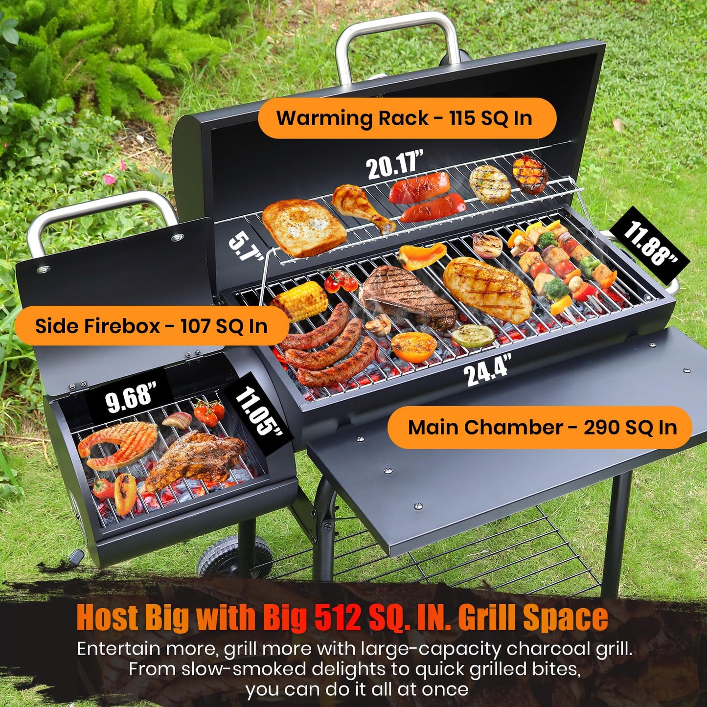 SUNLIFER Charcoal Grill Offset Smoker: Charcoal Barbecue Grills with Spacious Cooking Area | Barrel BBQ Grill and Smokers Combo for Outdoor Patio Backyard Camping and Parties