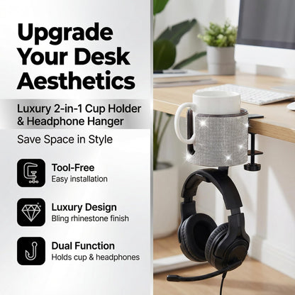 cowinational Luxury 2-in-1 Desk Cup Holder with Headphone Hanger for Office, Home, Gaming(Bling Bling)