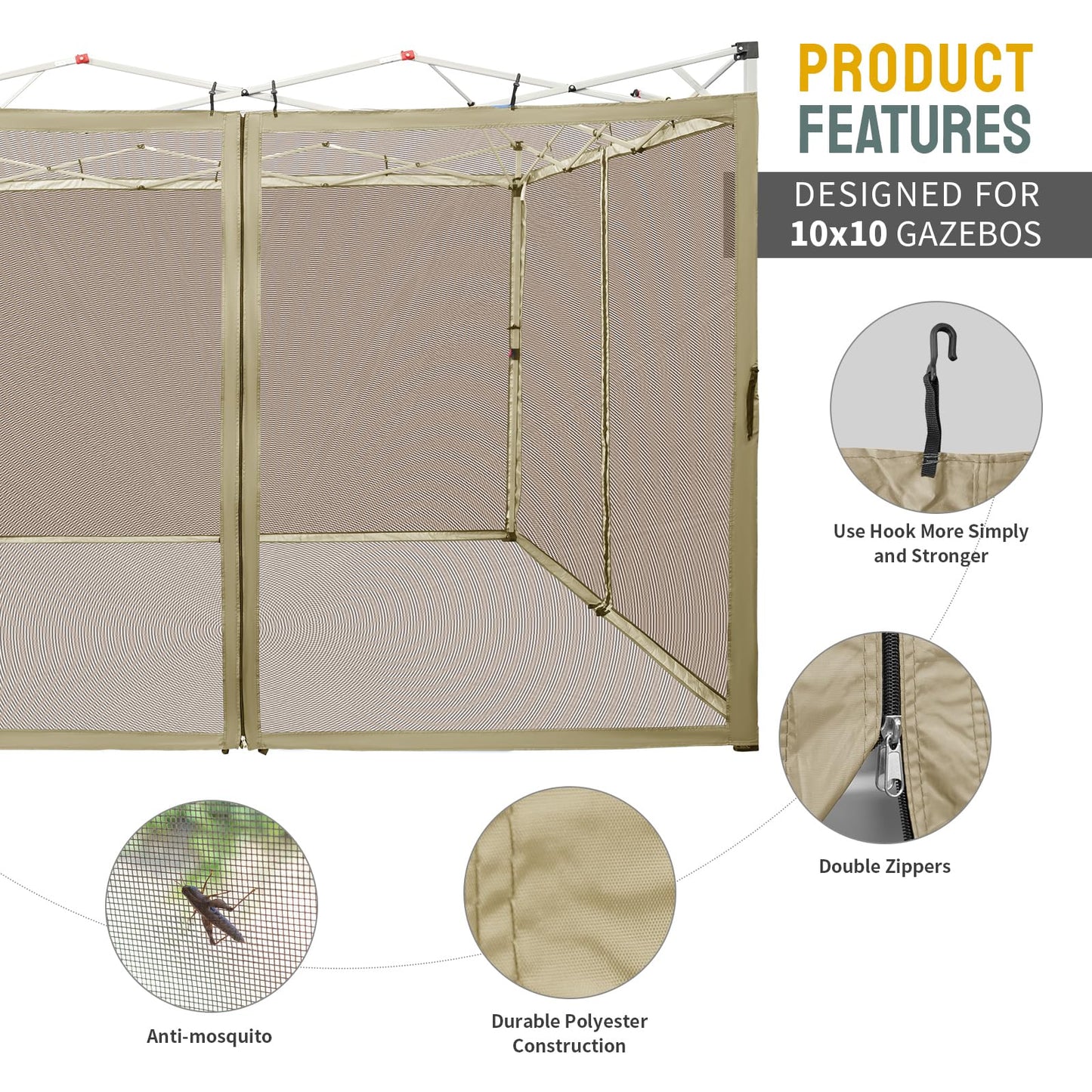 CROWN SHADES Gazebo Mosquito Net Only for 10 x 10 Pop Up Canopy - Patio Gazebo Replacement Mesh Sidewall with Zipper for Outdoor Tent, Garden and Backyard (4-Piece,Khaki)