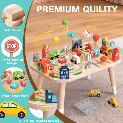 Wooden Montessori Activity Table for Toddlers, Baby Busy Table with Bead Maze, Shape Sorter, Cars & Road Signs, Traffic Learning Activity Center Sensory Toys for Birthday Gift Boys Girls 1+ Year Old
