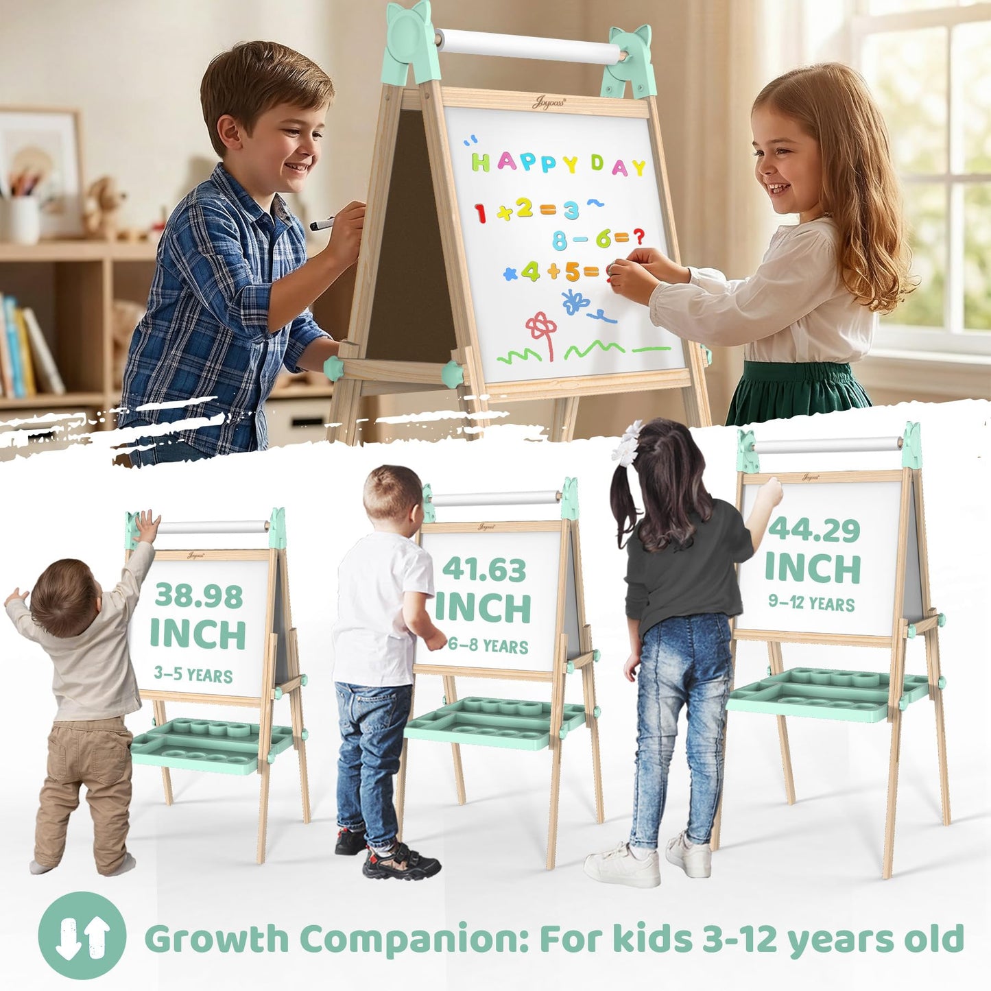 JOYOOSS Easel for Kids Ages 4-8 Easels for Toddlers Art Kids Easel Age 8-12 Wooden Drawing Easels Double-Sided Magnetic Whiteboard Chalkboard with Paper Roll for Kid Dry Erase Board Green