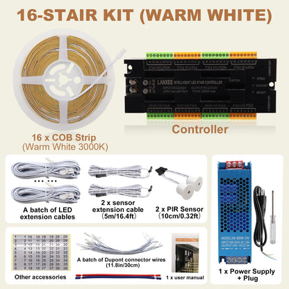 LANXEE Intelligent 16-Step Motion Sensor Stair Light for Indoor, 40 inches Long Cuttable Motion Lights for Stairs (16 Stairs,3000K)