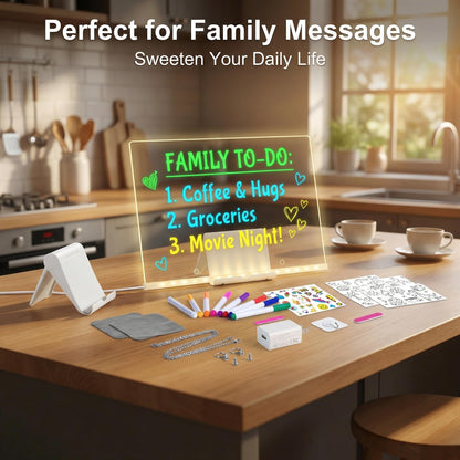 LED Drawing Board, 14'' Acrylic Note Board with Colors, Include LED Light Up Writing Pad 4 Modes & 7 Colors, 8 Markers, Stand, Hanging Chain, 2 Gel Clings, Holiday Gift