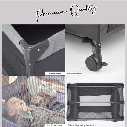 QUTANIX Baby Bedside Bassinet Sleeper,5-in-1 Pack and Play with Full-Size Bassinet,Baby Playard with Changing Table,Storage Shelf,Music Mobile with Soft Toys for Newborn to Toddlers (Grey)