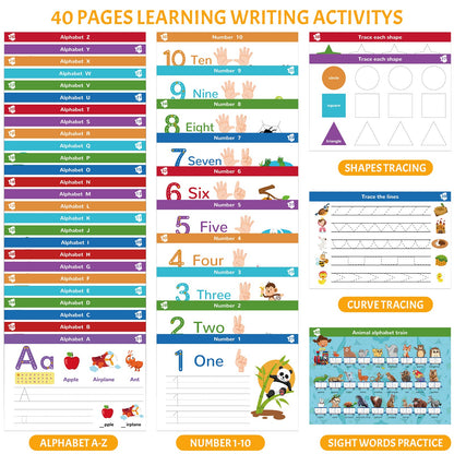 Handwriting Practice Book for Kids, Toddler Preschool Learning Activity for 3 4 5 Year Old, Kindergarten Educational Toys, Montessori Toys Learn Number Letters/ Shapes/ Animal/ Sight Words Workbook