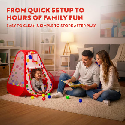 Playz 5-Piece Kids Play Tents Crawl Tunnels and Ball Pit Popup Bounce Playhouse Tent with Basketball Hoop for Indoor and Outdoor Use with Red Carrying Case