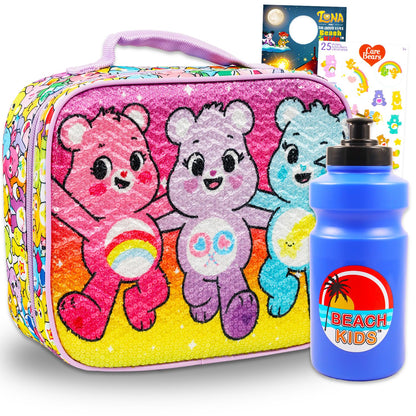 Care Bears Lunch Bag Set - Bundle with Sequined Insulated Lunch Box, Water Bottle, Stickers, More | Care Bears School Supplies Kids