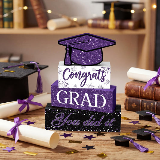 Cinnvoice 4 Pcs Graduation Table Decor 2026 Congrats Grad Centerpiece Class of 2026 Wood Sign Graduation Tiered Tray Decor Farmhouse Congratulate Gifts for Home Shelf Party Decorations(Purple)