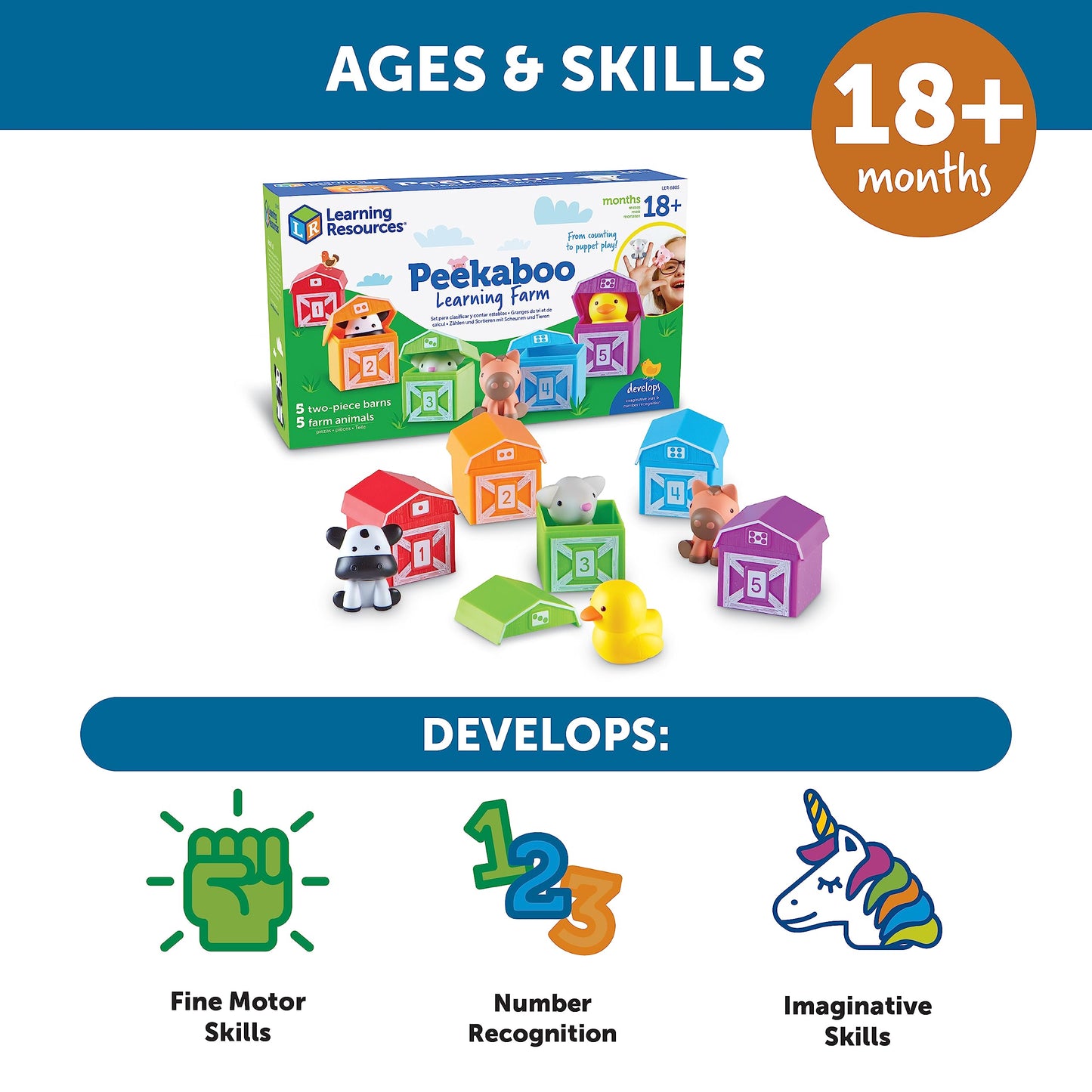 Learning Resources Peekaboo Learning Farm - Farm Animals for Toddlers, Educational Fine Motor Montessori Sets, Toddler Animal Toys, Counting, Sorting & Matching Barn Animal Toy, Little Animal Figures