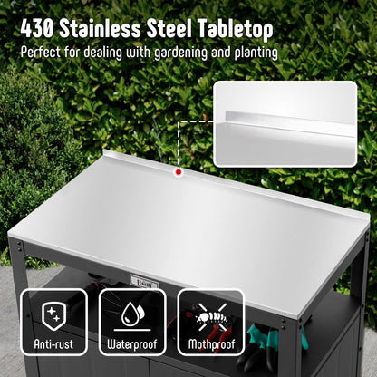 Feasto Garden Potting Bench with Storage, Outdoor Potting Table & Garden Work Bench for Plants, Horticulture, Outdoor Potting Station with Stainless Steel Tabletop, Outdoor Work Table