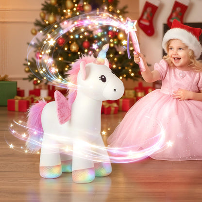iPlay, iLearn Plush Magic Unicorn Toy W/Remote Control Fairy Magical Wand, Girl Music Unicorn Stuffed Animal W/LED Light Sound, Interactive Birthday Gift 18 24 Month Baby Toddler 2 3 4 5 6 7 Year Kid