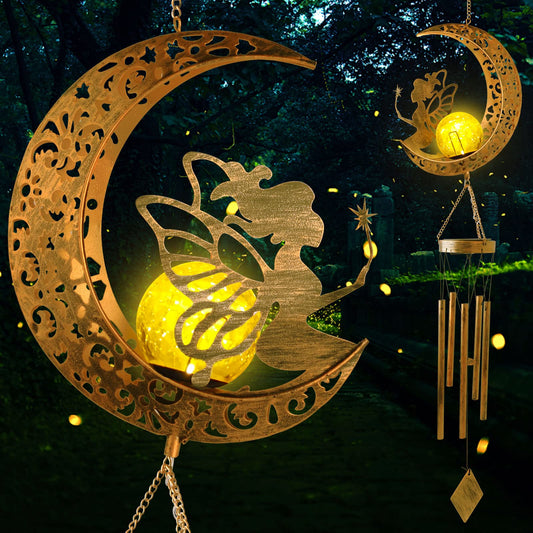 Fairy Moon Solar Light Wind Chimes for Outside for Women Mother Grandma Wife Birthday Gift Crackle Glass Ball Windchimes Gardening Gifts for Outdoor Patio Decor Yard Porch Decorations