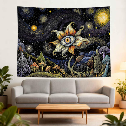 Yeoiat Tapestry Cosmic Flower Tapestries Mushroom Landscape Wall Hanging Starry Night Visionary Botanical Art Decor Bedroom Dormitory 48"x36"