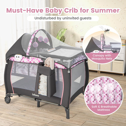 INFANS 4 in 1 Pack and Play, Portable Travel Baby Playard with Bassinet, Changing Table, Canopy, Mosquito Net, Hanging Toys, Music Box, Storage Bag, Large Playpen from Newborn to Toddlers (Pink)