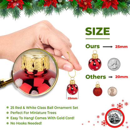 1 Inch Mini Red & White Peppermint Glass Ball Christmas Ornaments Set of 25 Balls | Miniature Christmas Tree Ornaments | Rustic Christmas Decorations | Mini Christmas Tree Decorations for Small Trees