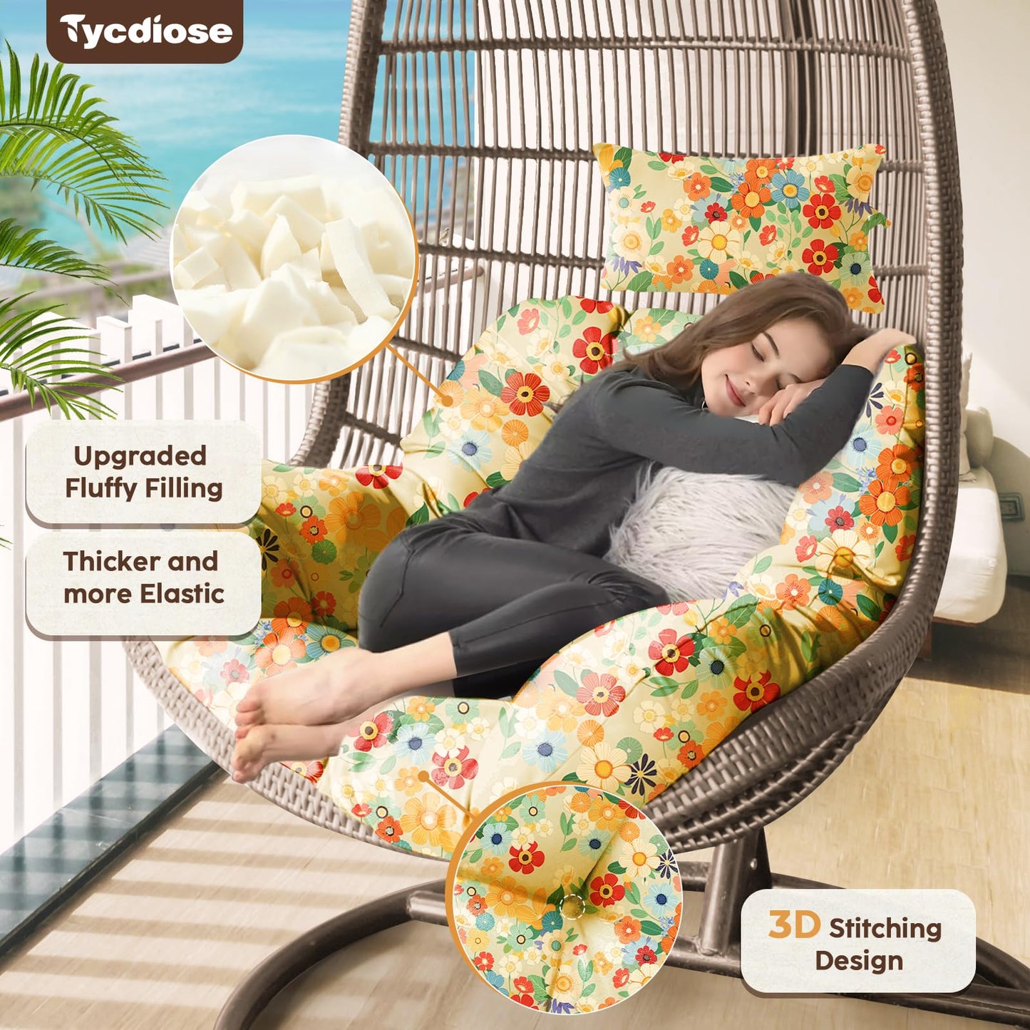 Tycdiose Outdoor Hanging Egg Chair Cushion Replacement, Thicken Egg Chair Cushion Waterproof Basket Eggs Chairs Cushion with Headrest Pillow, U-Shaped Cushions for Hanging Eggs Chairs Swing (Daisy)