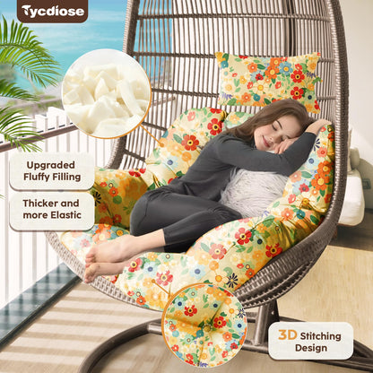 Tycdiose Outdoor Hanging Egg Chair Cushion Replacement, Thicken Egg Chair Cushion Waterproof Basket Eggs Chairs Cushion with Headrest Pillow, U-Shaped Cushions for Hanging Eggs Chairs Swing (Daisy)