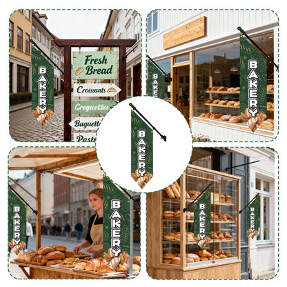 Farm Stand Bakery Flag with Pole Kit – 42x12 Inch Double-Sided Heavy Duty Canvas Banner for Outdoor Cake Shop, Business Sign, Storefront Advertising Decoration(Green)
