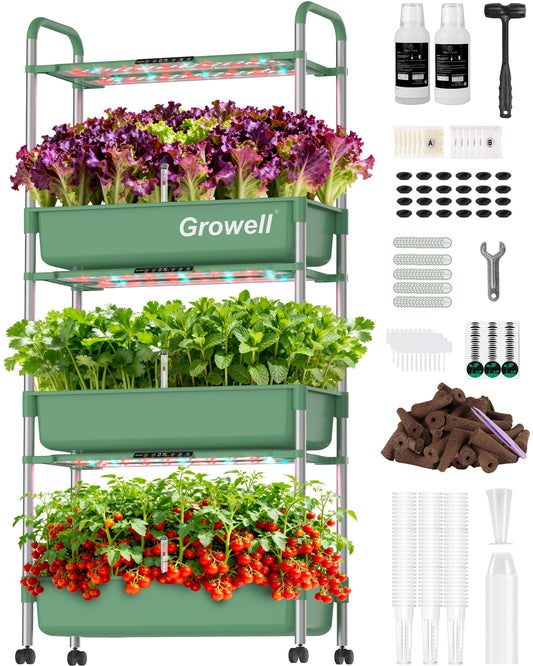 Growell Large Hydroponics Growing System Kit, Vertical Indoor Herb Garden Kit with LED Grow Light & Independent Water Pump, 42L Movable Indoor Planter Perfect Gardening Gifts (3 Tier-81 Pods Green)