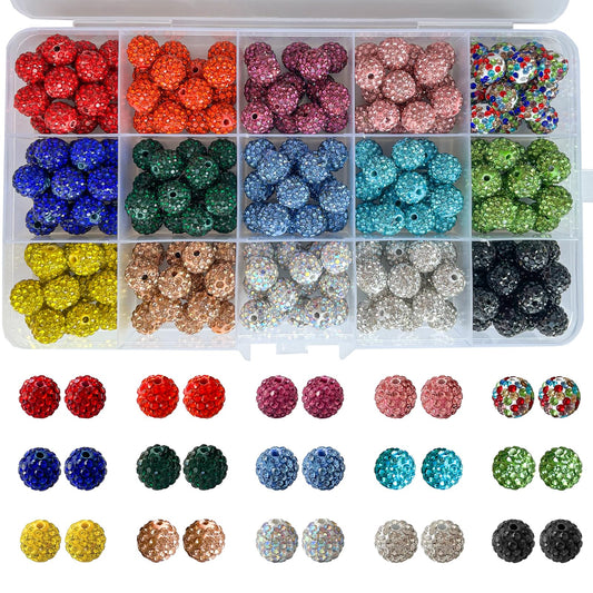 JEBBO 225pcs 15 Colors Rhinestones Beads 10mm Pave Disco Ball Beads Polymer Clay Rhinestone Round Crystal Diamond Bead for Jewelry Making European Style Bracelets Christmas Decor