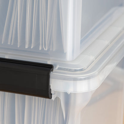 IRIS USA File Box WeatherPro Organizer Plastic for Letter/Legal, Water Resistant Document, Durable Lid, Seal w/Secure Latching Buckles, Stackable, Nestable, Clear 32 Qt. 1 Pack