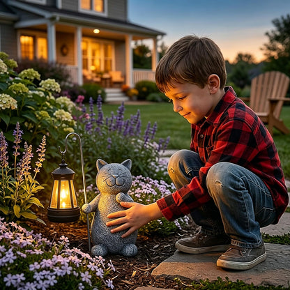 Qeeman Solar Cat Garden Statue: Weatherproof Resin Figurine with Warm Glow Lantern - Outdoor Decor for Yard Pathway Patio Porch Balcony - Gifts for Mom Grandma Cat Lovers