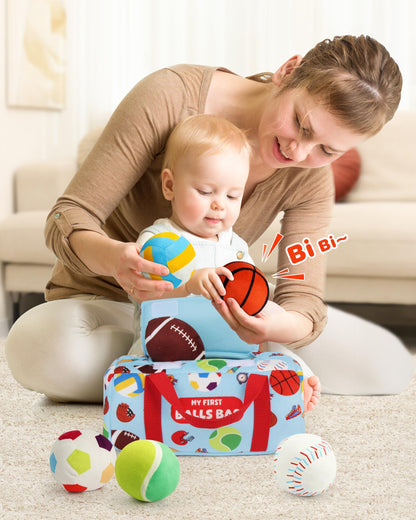 Vanmor Sensory Sports Balls for Babies 6-12M+, 6 Pack Machine Washable Plush Ball Set with Crinkle, Rattles, Squeaky Sounds, Toddler Learning Toys with Travel Bag, Baby Shower Birthday for Newborn