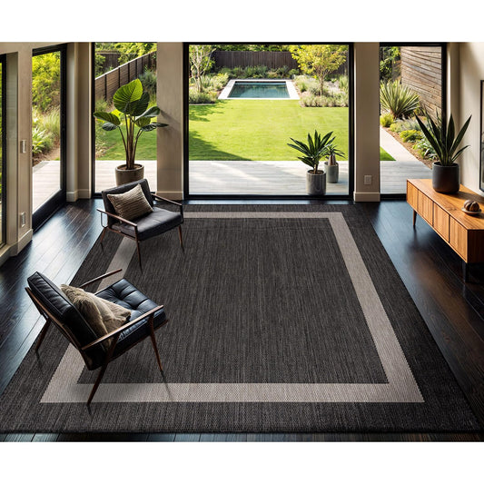 CAMILSON Outdoor Rug 9x12, Large Modern Outside Rugs for Patios Porches Waterproof Durable Washable Non-Shedding, Easy-to-Clean Indoor Outdoor Area Carpet (9 x 12, Bordered - Dark Gray/Light Gray)