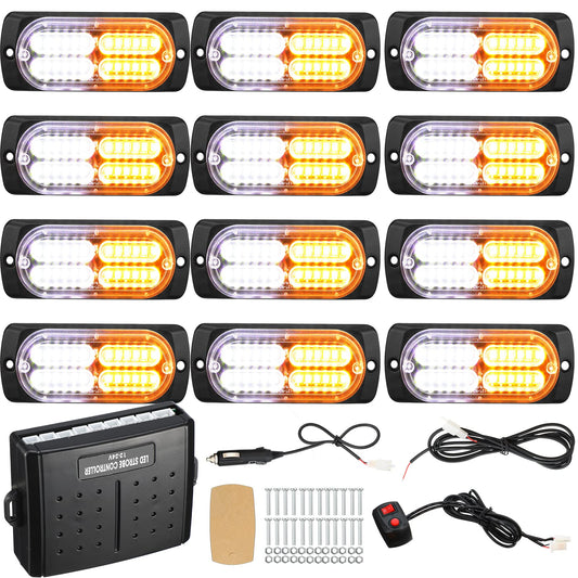 12 Pcs Emergency Lights for Vehicles Truck Flush Mount LED Emergency Lights with Control Box Wiring Hazard Warning Amber Strobe Lamp for Vehicle Truck Car Roadside