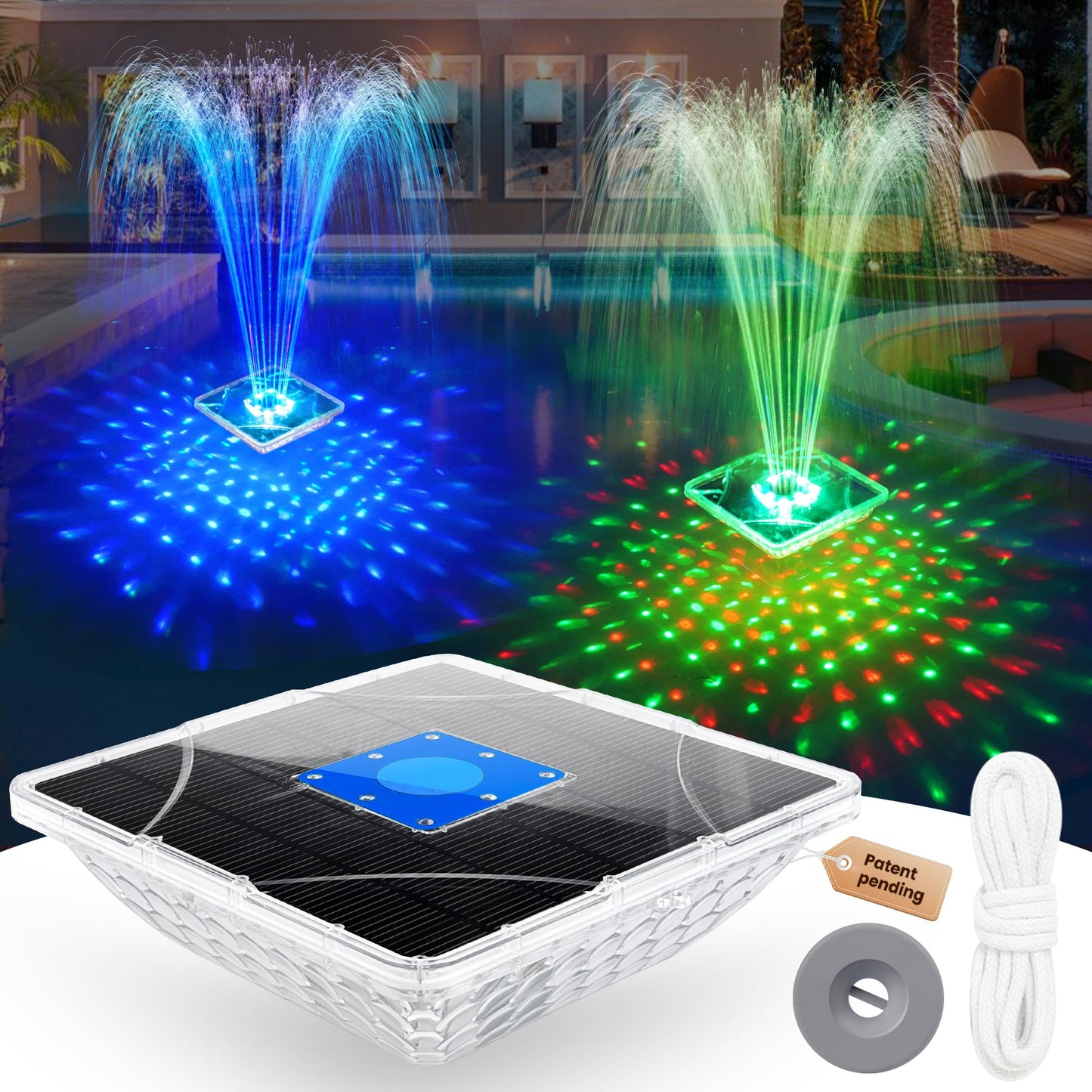 ChlorStar Upgraded Solar Fountain with Light Show,Large Solar Pool Fountain with Anchor,Square Floating Pool Fountains for Inground Above Ground Pool,Solar Water Fountains Pump for Pool-Dark Blue,1PC
