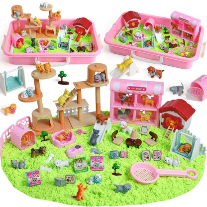 KNASON Cat and Dog Sensory Bin,Play Sand Kit for Girls and Boys with 2.2lbs Sensory Sand and Sand Box,Pet Sandbox Toys Role Pretend Play Beach Toy Birthday Present for Toddler Ages 3 4 5 6 7 8
