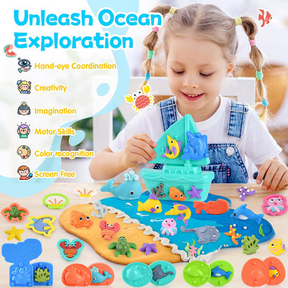 PLAY Ocean Color Dough Kit with Sea Animals Molds, Under the Sea Toys Set for Sensory Play - Boat Whale Shark Crab Fish Cutters, Educational Arts and Crafts Gift for Kids 3 4 5 6 Year Old Boys & Girls