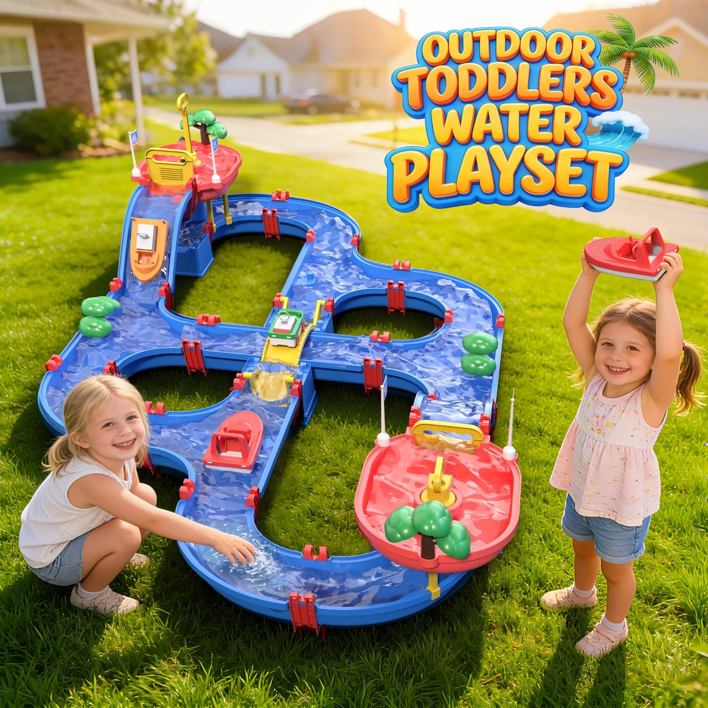 VATOS 2-Tier Toddlers Water Table Toy, 114 PCS DIY Dual-Basin Water Pump, Summer Outdoor Water Toys Backyard, Beach, Balcony, Garden Fun Water Playset for Girls, Boys 3-5 Years Old Pets Families