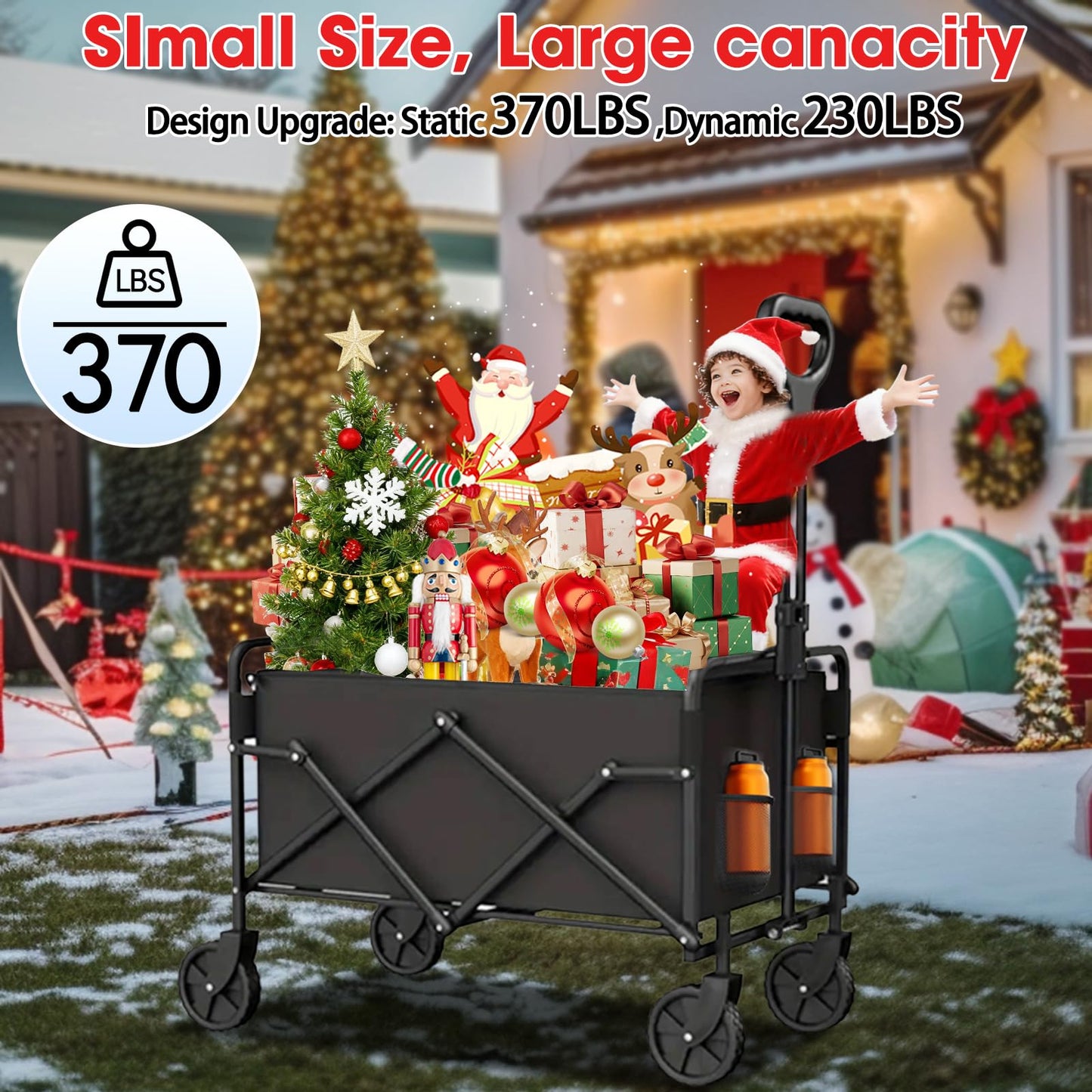 Ecogou Collapsible Wagon with Wheels, 370lbs Weight Capacity Foldable Beach Wagon with Flexible Handle Portable Utility Wagon Cart for Outdoor, Grocery, Garden, Camping