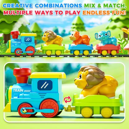 Train Set for Toddlers w/Steam, Music & Lights - Electric Train Toy for Kids with Tracks Accessories, Includes 3 Animals Car: Lion Gorilla and Elephant, Gifts for 1-3 4 5 6+ Years Old Boys Girls