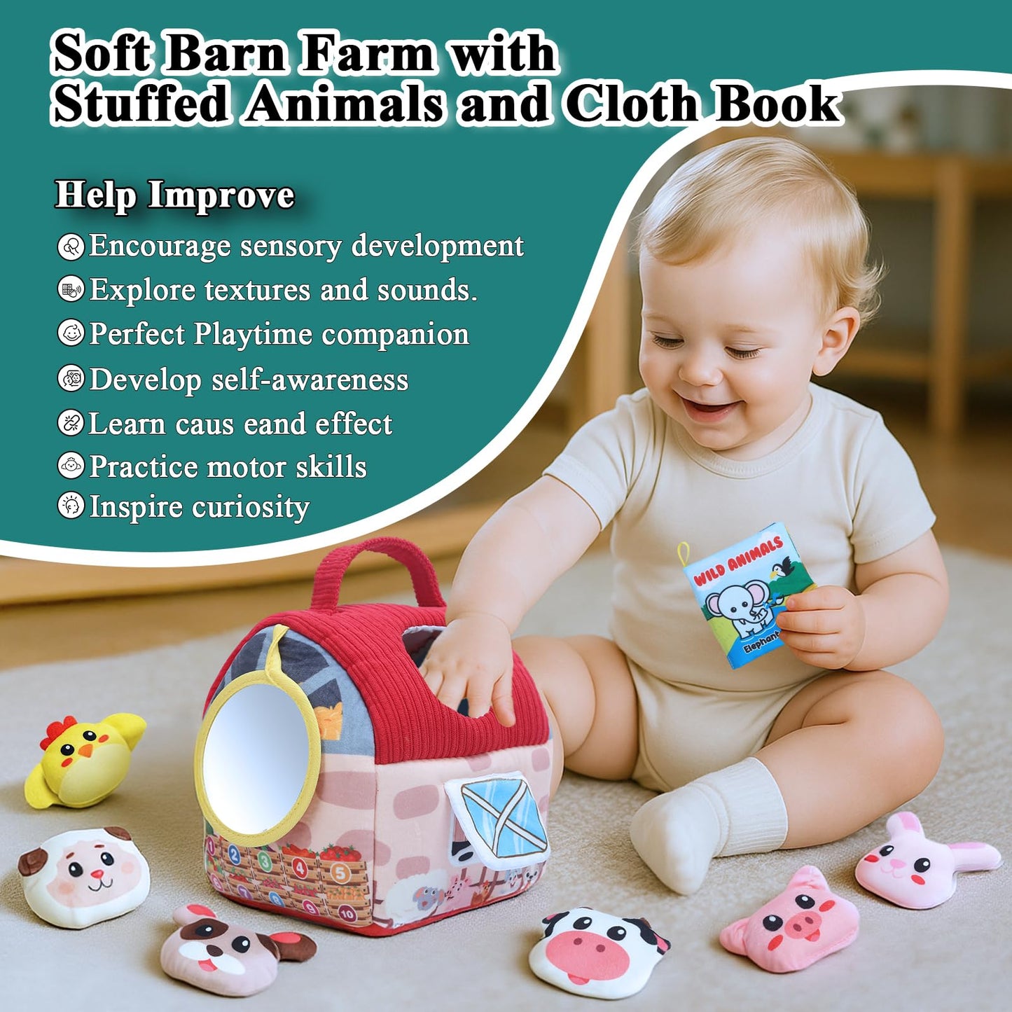 Soft Baby Animal Toys for 6-12 Months, Surprise Plush Barn with Stuffed Animals for toddlers 1-3, Montessori Sensory Toys for Infants Babies 6-12 months, Gifts for Baby Boys Girls 6-12 Months Birthday
