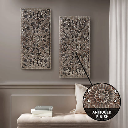 Madison Park Wall Art Living Room Décor - Floral Antiqued Wooden Carving Wall Decor Panel, Silver Embellished, Ready to Hang Wall Decor for Bedroom, 15.75"W x 31.5"L x 0.59"D, Bronze, 2 Piece