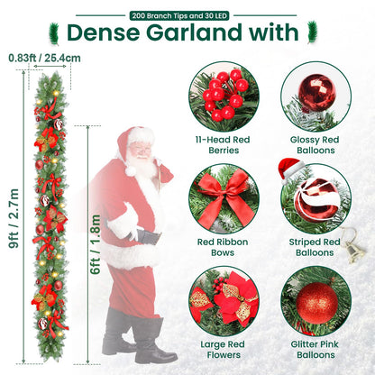 Christmas Garland with Lights, 9ft Battery Operated LED Garland with Timer, 30 Warm White LEDs, Waterproof Christmas Decorations for Indoor Outdoor Mantel, Stairs, Doorway, Window, Porch, Home