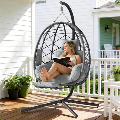 Suteck Hanging Egg Chair with Adjustable Footrest & Stand, Indoor Outdoor Wicker Egg Swing Chair with Cushion, 330lbs Capacity for Patio, Bedroom, Garden - Grey