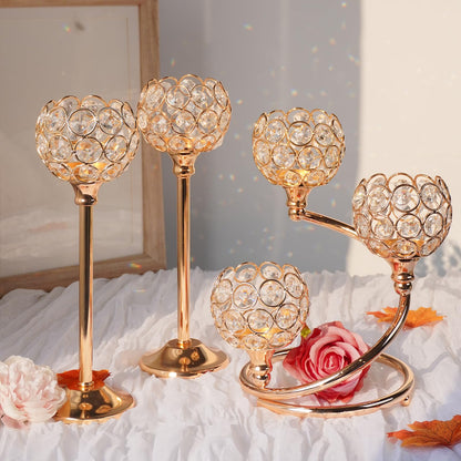 KEHAIL Gold Metal Crystal Candle Holder Set of 3 - Elegant 5-Arm Metal Tea Light Centerpiece with Shining Crystal Bowl, Wedding Anniversary Table Decor for Dining, Party