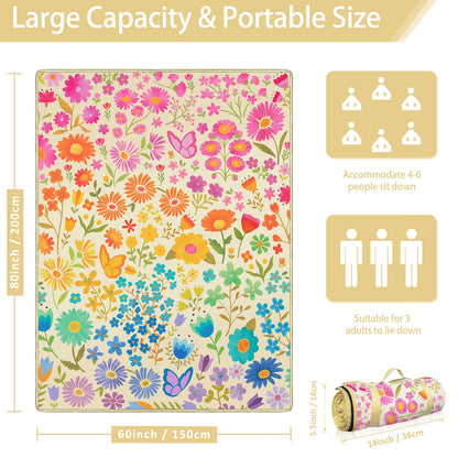 Floral Picnic Blankets Waterproof Foldable, 60″X80″ Packable Picnic Mat Flowers Outdoor Blanket for Grass, Large Beach Blanket Sandproof Picnic Accessories for Camping Music Festival Park Lawn Travel