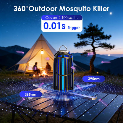 Solar Bug Zapper Indoor & Outdoor, Energy-Saving Mosquito Killer with USB-C Rechargeable & 4-Sided Solar Panels, Waterproof Portable Fly Zapper with LED Light for Patio, Garden, Camping, Backyard