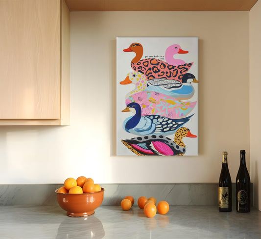 Colorful Duck Canvas Wall Art Funny Animal Painting Picture Wall Decor Kitsch Dopamine Fashion Animals Poster Print Artwork for Nursery Living Room Bedroom Bathroom Home Decoration 12x16in, Framed